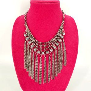 J Lo Necklace Fringe Rhinestone Bib Statement Silver 18" Mermaid Heavy Chain